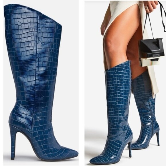 Shoe Dazzle Blue Night Is Young Asymmetrical Stiletto croc embossed Boot Sz 10 - Picture 2 of 11